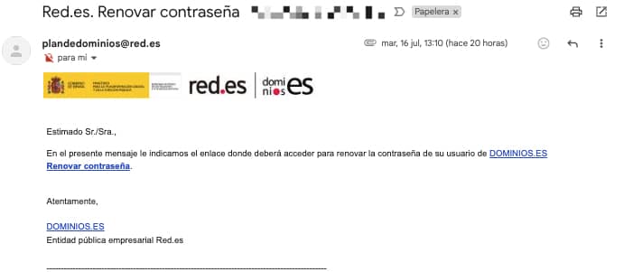 Correo de ejemplo de renovación de contraseña