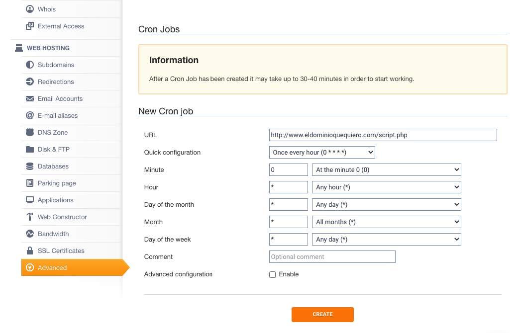 Panel de creación de una tarea Cron en DonDominio