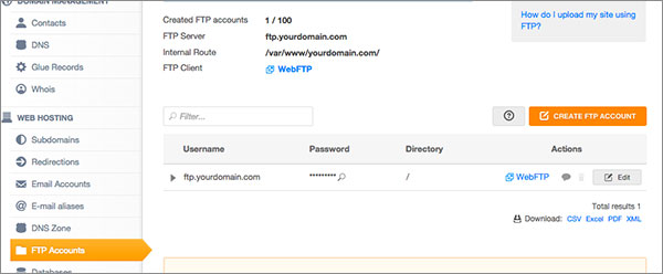 Hosting FTP Accounts tab