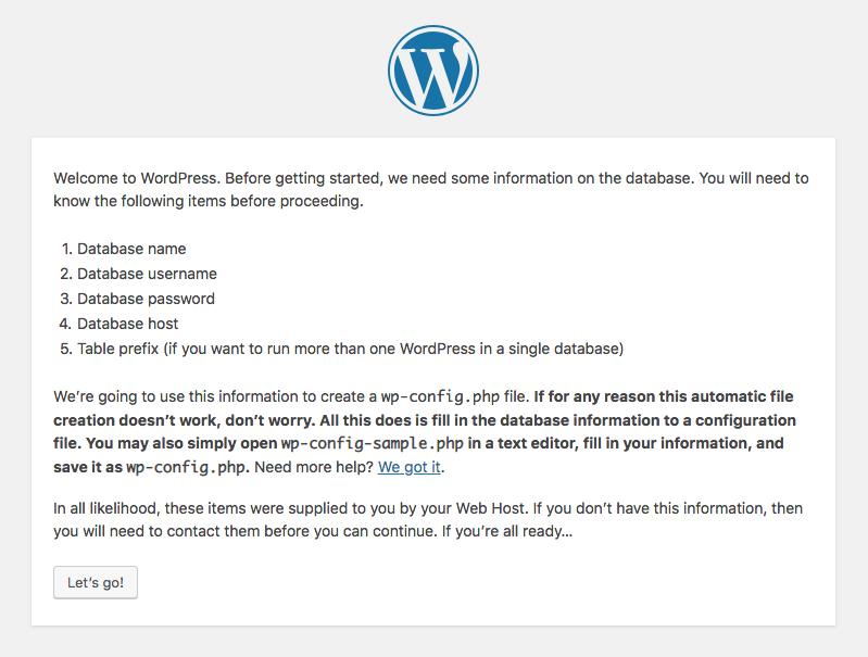 WordPress installer step 2