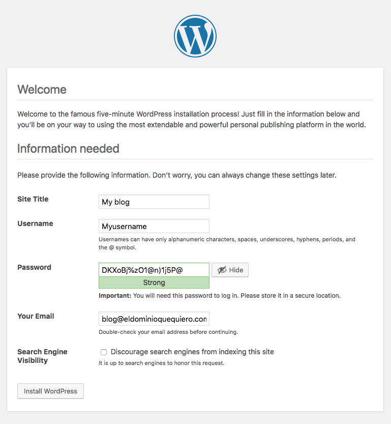 WordPress installer step 5