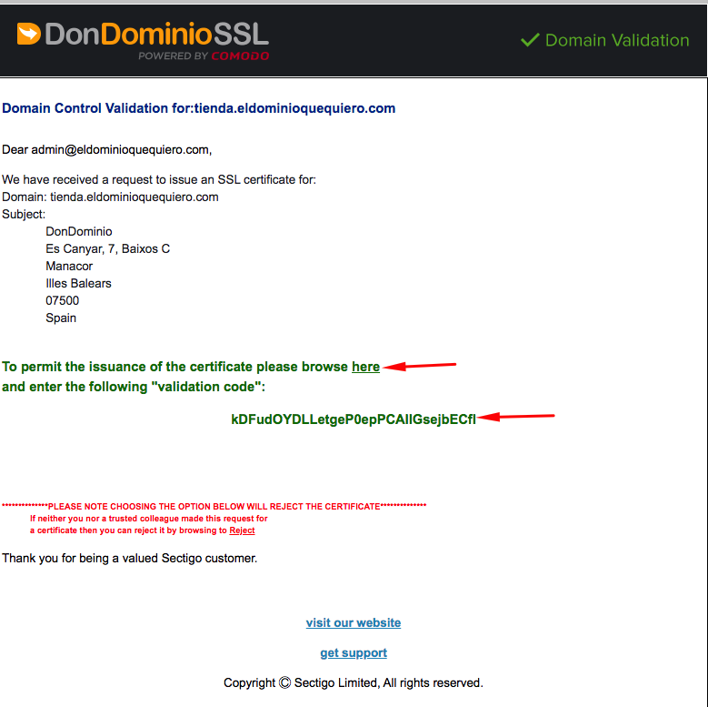 Ejemplo email de validación SSL