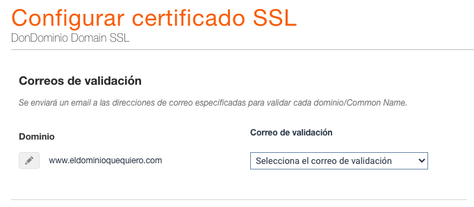 Selección de correo de validación para alta de un SSL en DonDominio